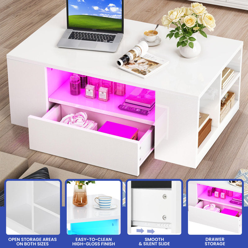 Modern LED Coffee Table With Drawer & Display Shelves