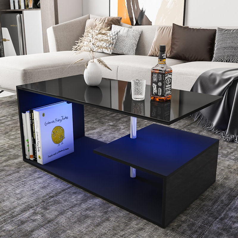 Modern Black LED Coffee Table With Open Shelf Storage