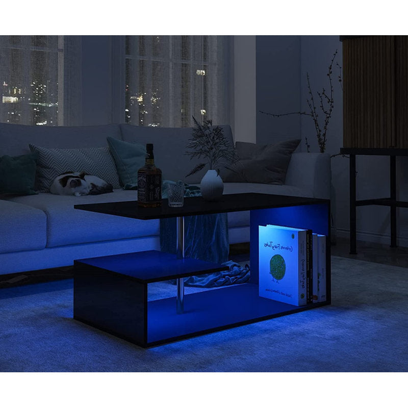 Modern Black LED Coffee Table With Open Shelf Storage
