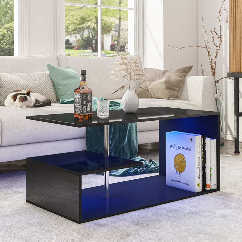 Modern Black LED Coffee Table With Open Shelf Storage
