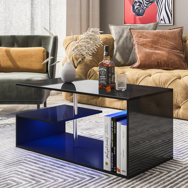 Modern Black LED Coffee Table With Open Shelf Storage