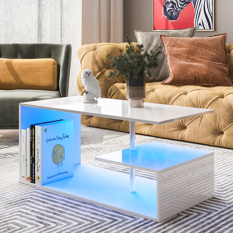 Modern White LED Coffee Table With Open Shelf Storage
