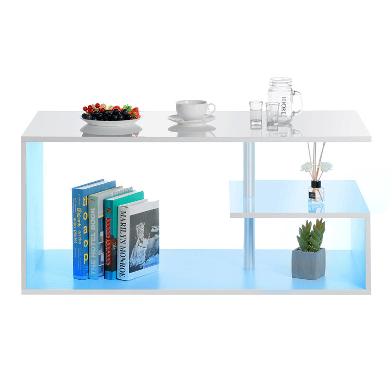 Modern White LED Coffee Table With Open Shelf Storage