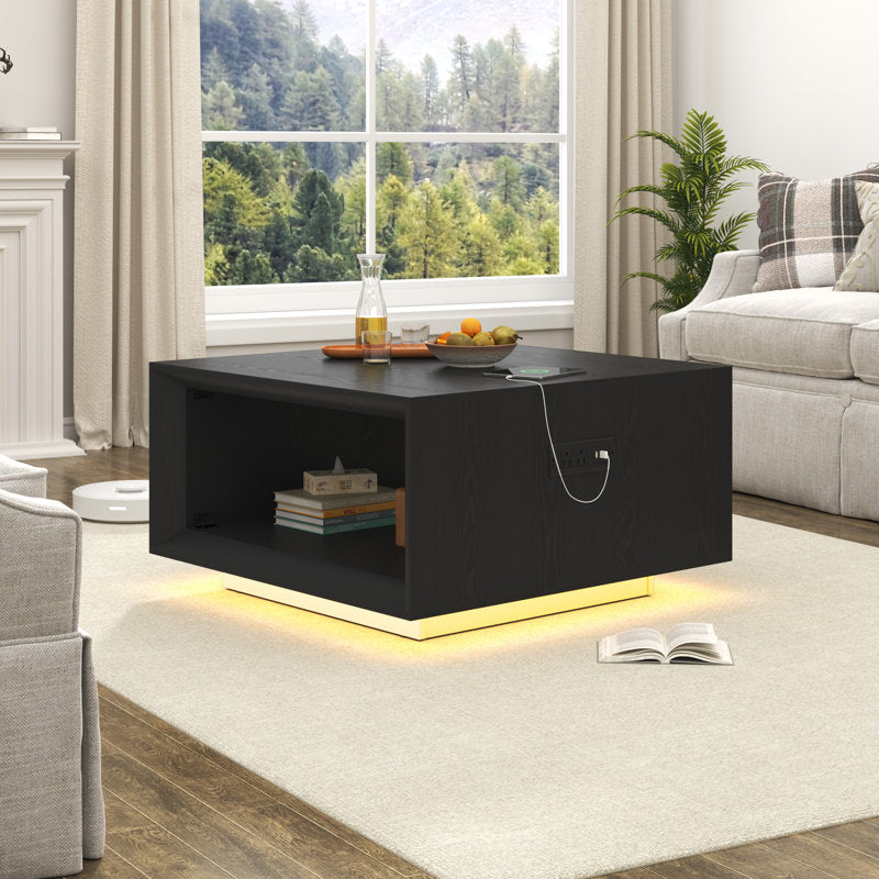 Modern Black LED Coffee Table With Charging Port & Storage Shelf