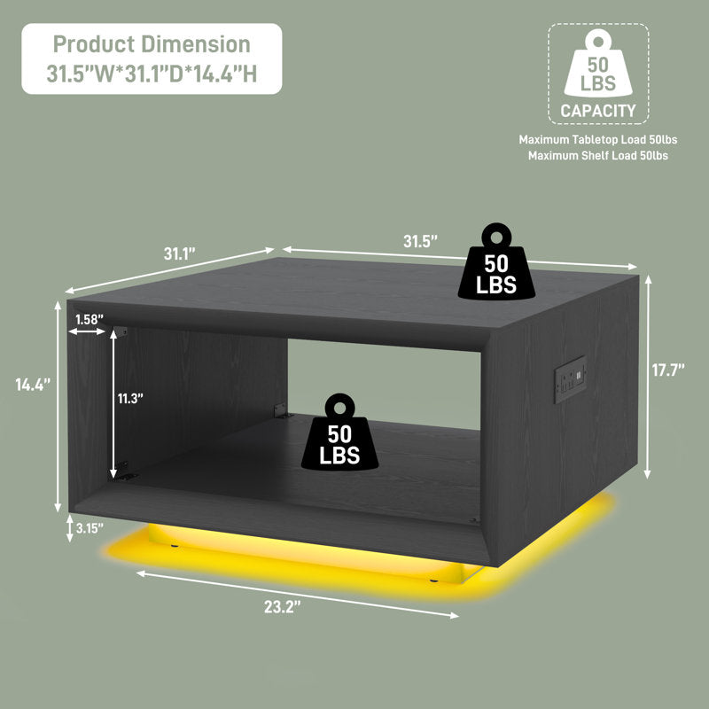 Modern Black LED Coffee Table With Charging Port & Storage Shelf