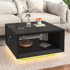 Modern Black LED Coffee Table With Charging Port & Storage Shelf