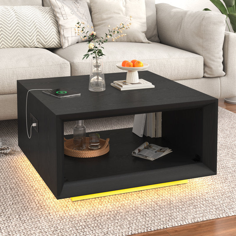 Modern Black LED Coffee Table With Charging Port & Storage Shelf