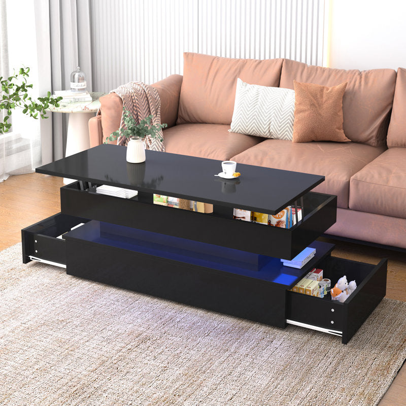 Modern LED Coffee Table With Lift Top & Side Drawer Storage