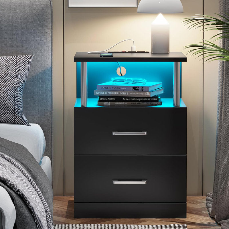 Modern LED Coffee Table With Charging Station & 2 Drawers
