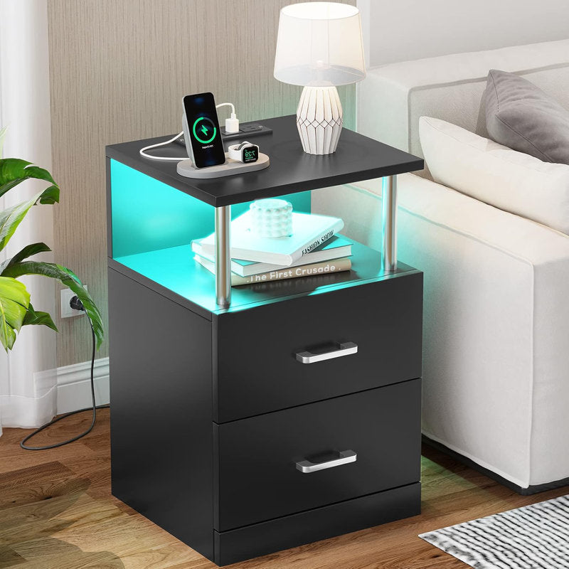 Modern LED Coffee Table With Charging Station & 2 Drawers