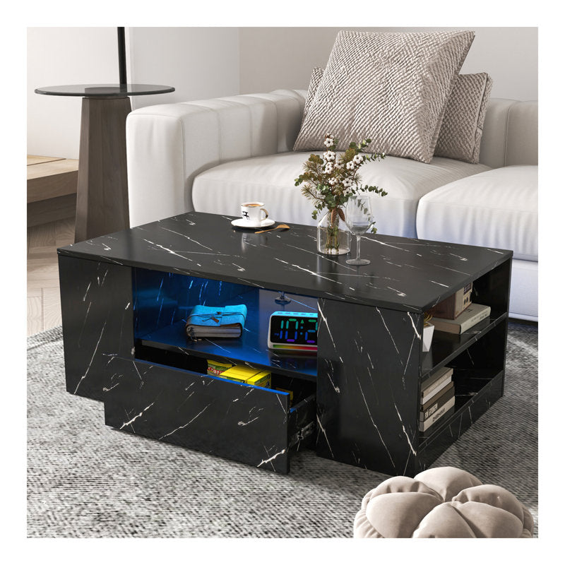 Modern Black Marble LED Coffee Table With Storage