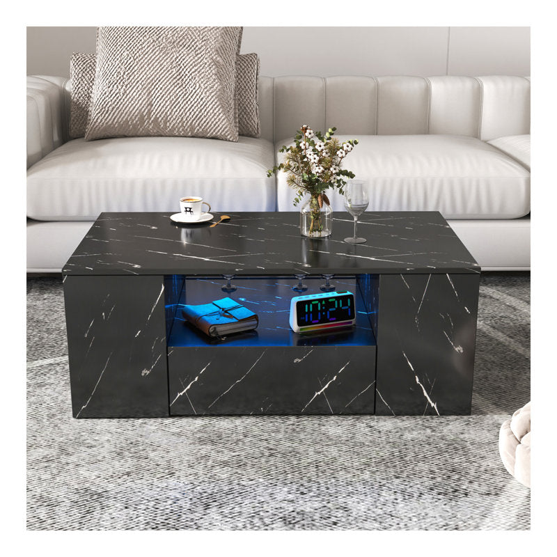 Modern Black Marble LED Coffee Table With Storage