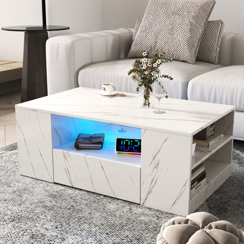 Modern LED Coffee Table With Marble Finish & Storage