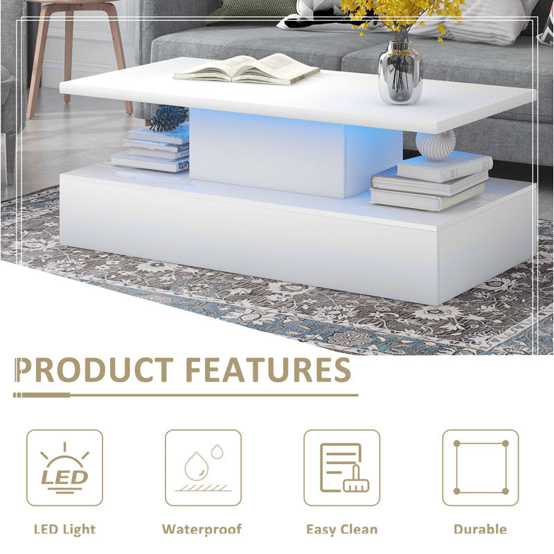 Contemporary White LED Coffee Table With Storage Shelf