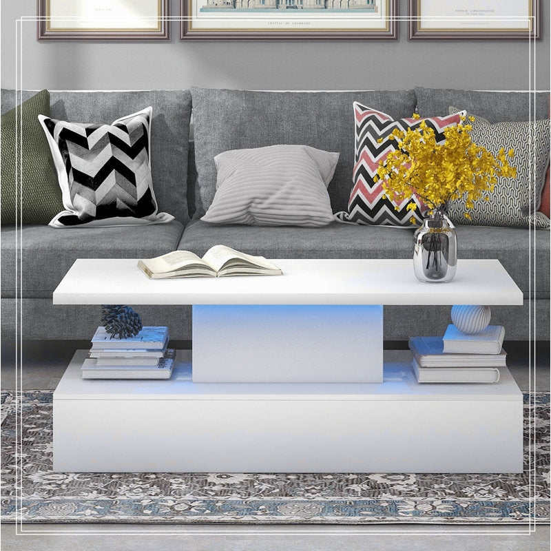 Contemporary White LED Coffee Table With Storage Shelf