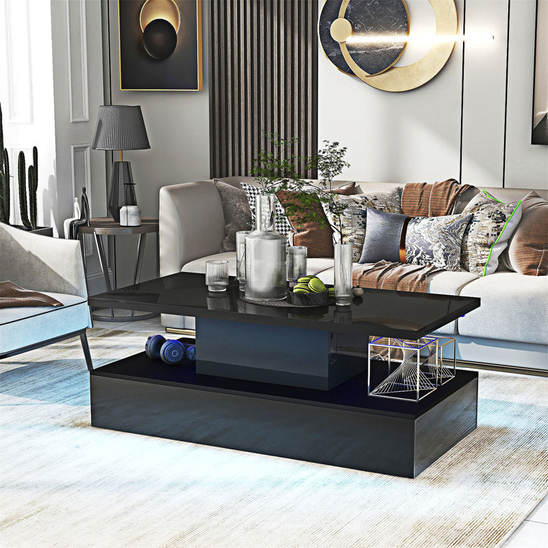 Minimalist Black LED Coffee Table With Open Shelf