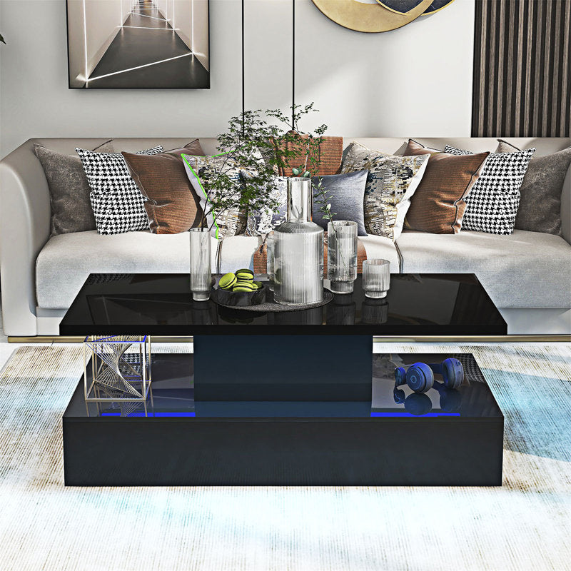 Minimalist Black LED Coffee Table With Open Shelf