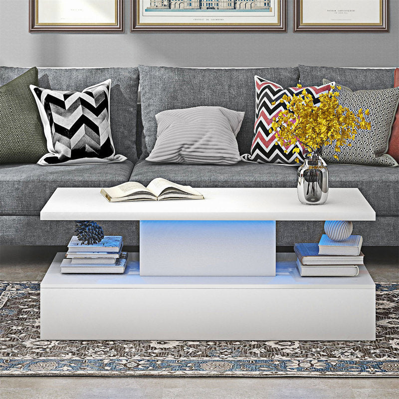 Minimalist White LED Coffee Table With Open Shelf
