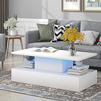 Minimalist White LED Coffee Table With Open Shelf