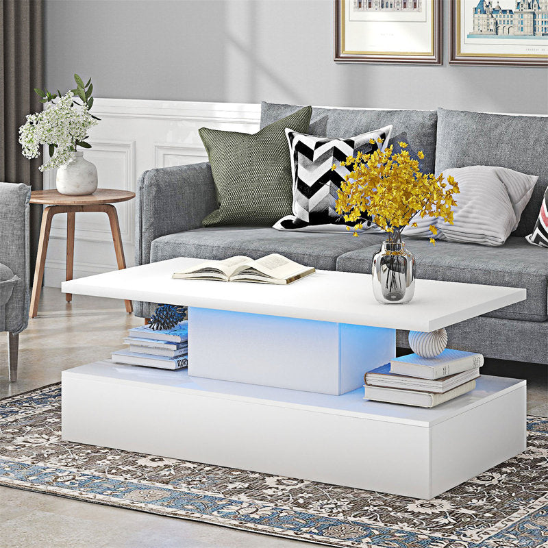 Minimalist White LED Coffee Table With Open Shelf