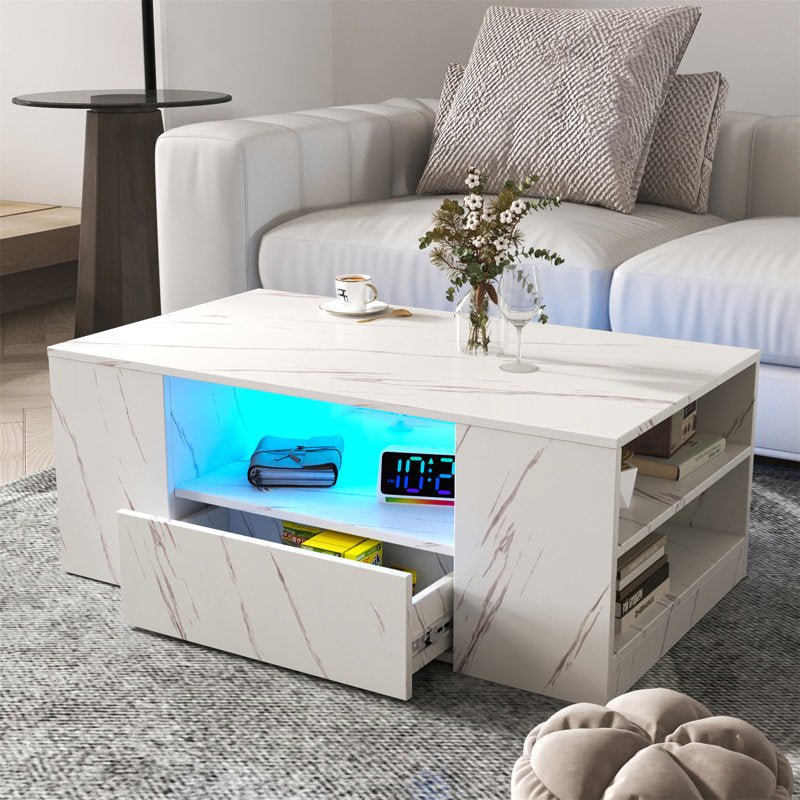 Minimalist White LED Coffee Table With Open Shelf