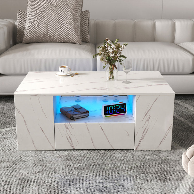 Minimalist White LED Coffee Table With Open Shelf