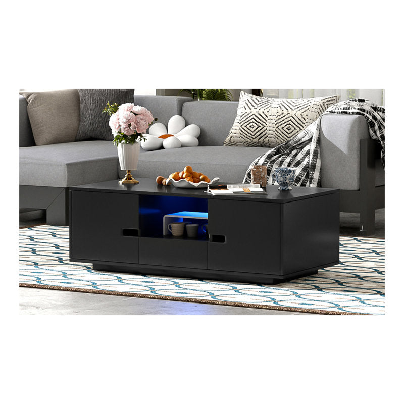 Modern Storage LED Coffee Table Black Center Table for Living Room