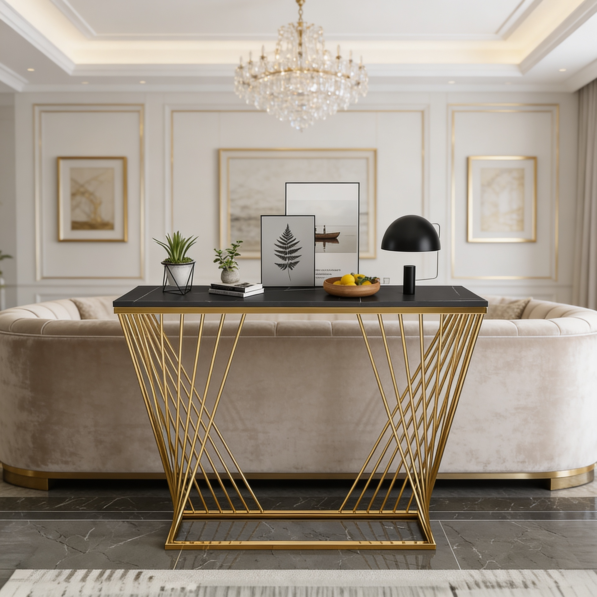 Trapezoid Design Console Table  with Golden Metal Finish