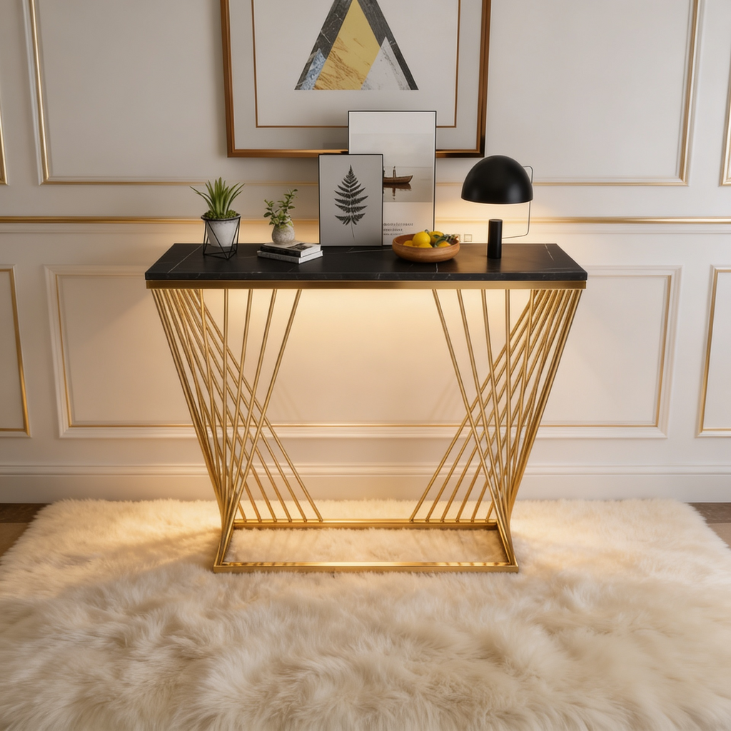 Trapezoid Design Console Table  with Golden Metal Finish