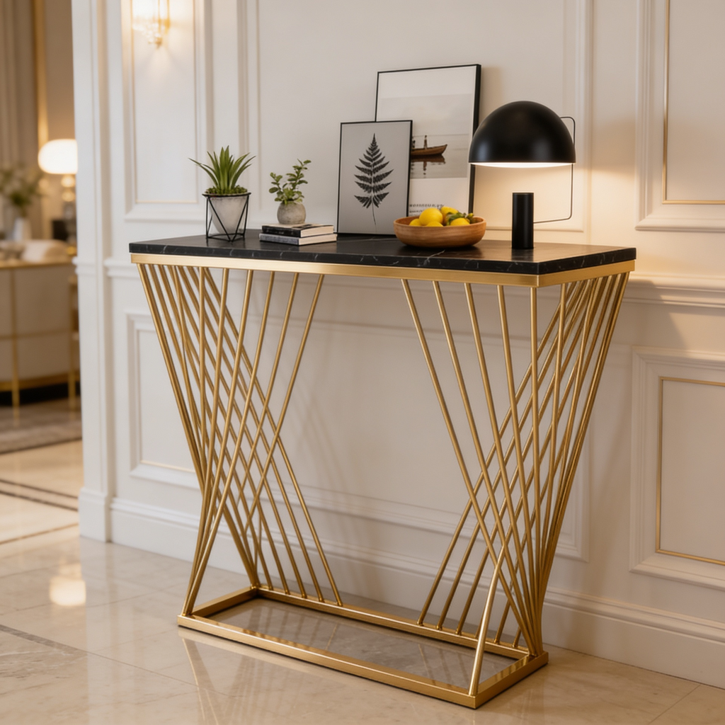 Trapezoid Design Console Table  with Golden Metal Finish