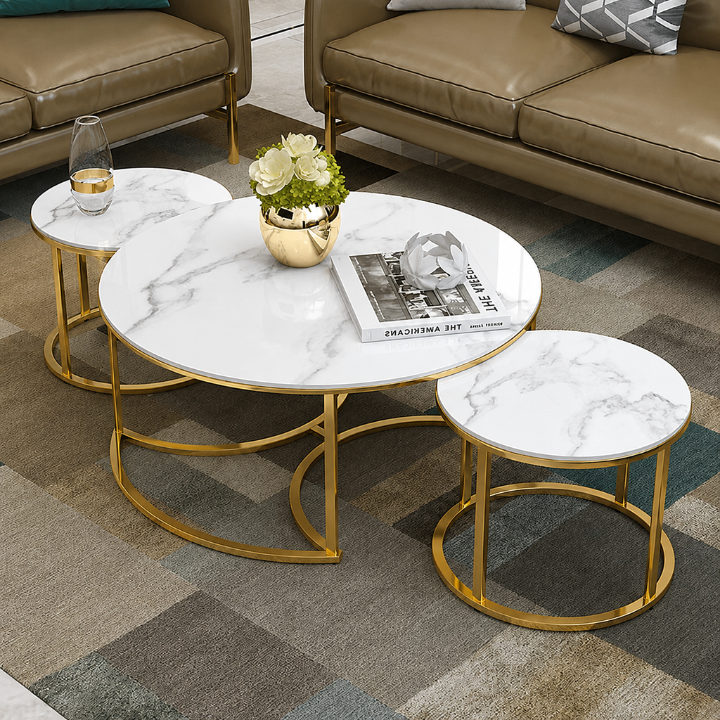 Luxury Round Stainless Steel PVD Center Table Set of 2 with Dual Marble Tops and Golden Cage-Style Bases for Living Room
