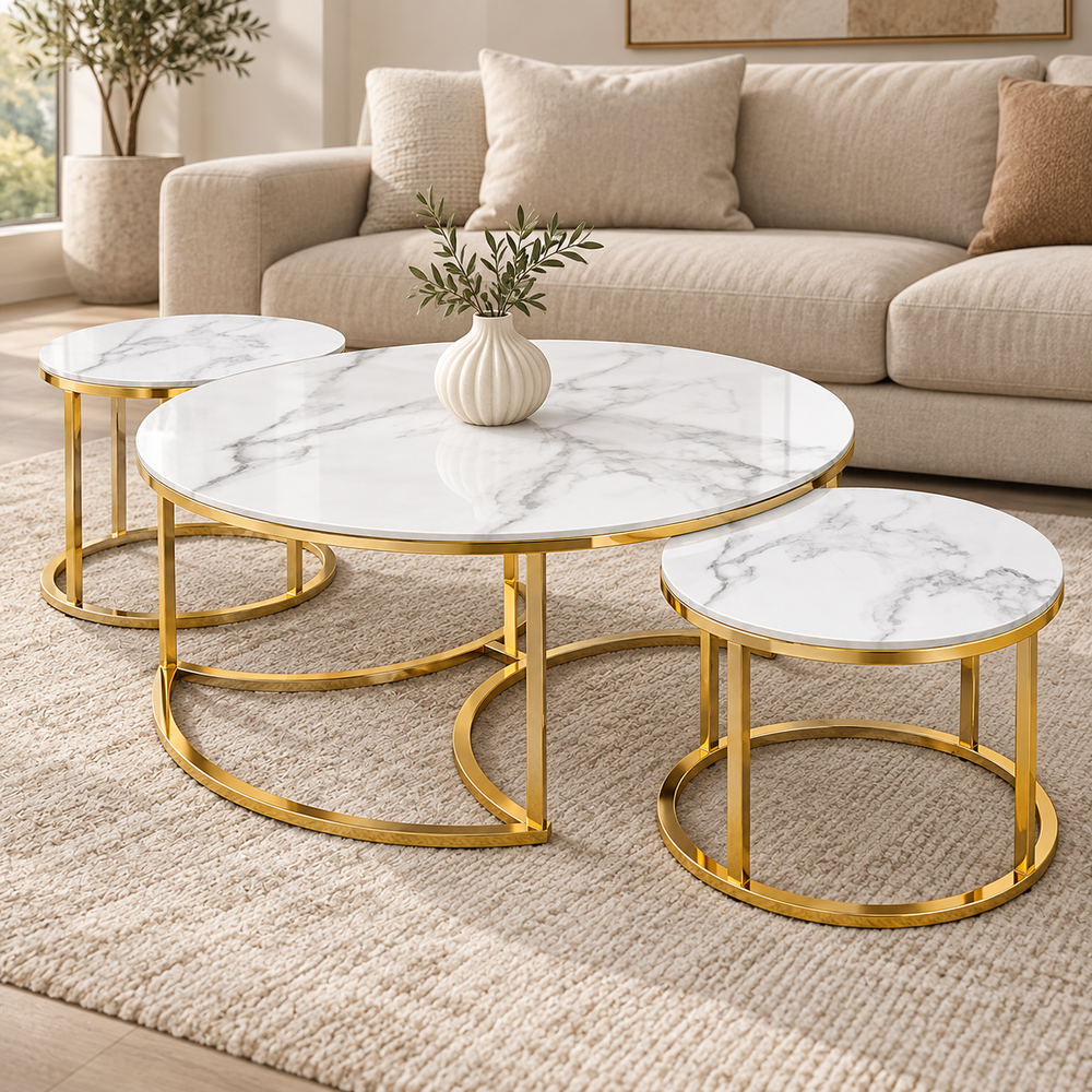 Luxury Round Stainless Steel PVD Center Table Set of 2 with Dual Marble Tops and Golden Cage-Style Bases for Living Room
