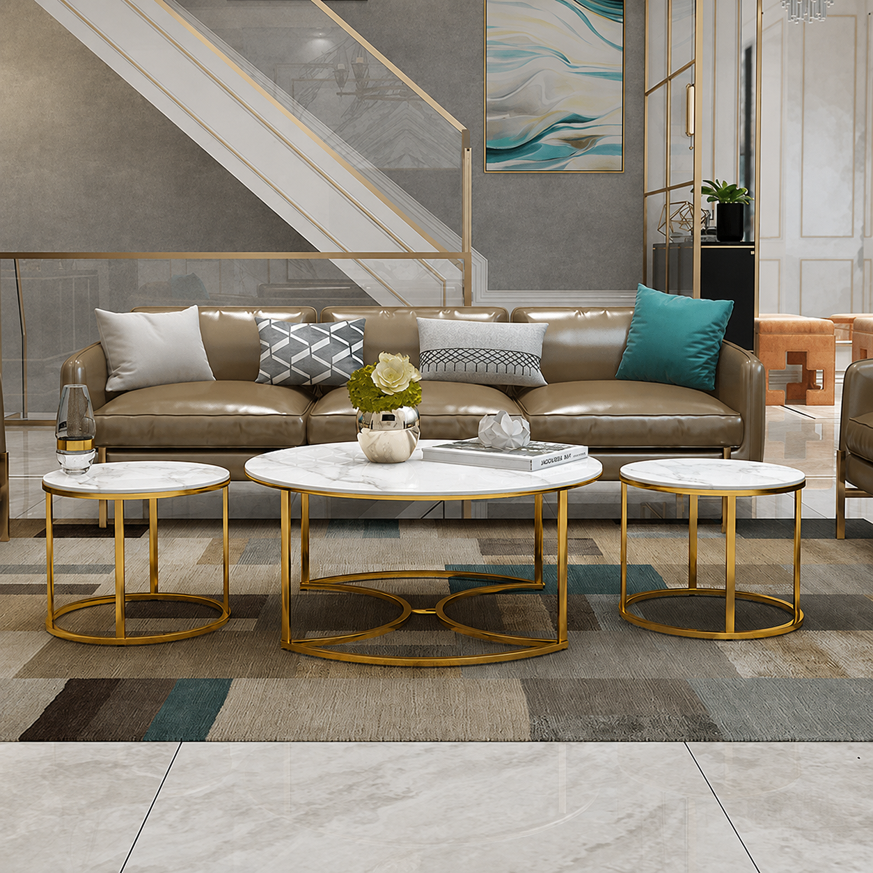 Luxury Round Stainless Steel PVD Center Table Set of 2 with Dual Marble Tops and Golden Cage-Style Bases for Living Room