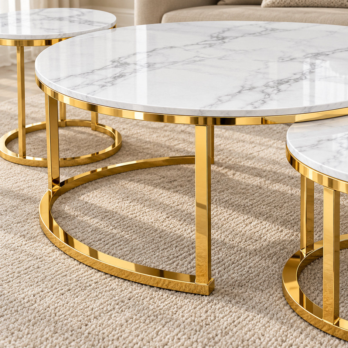 Luxury Round Stainless Steel PVD Center Table Set of 2 with Dual Marble Tops and Golden Cage-Style Bases for Living Room