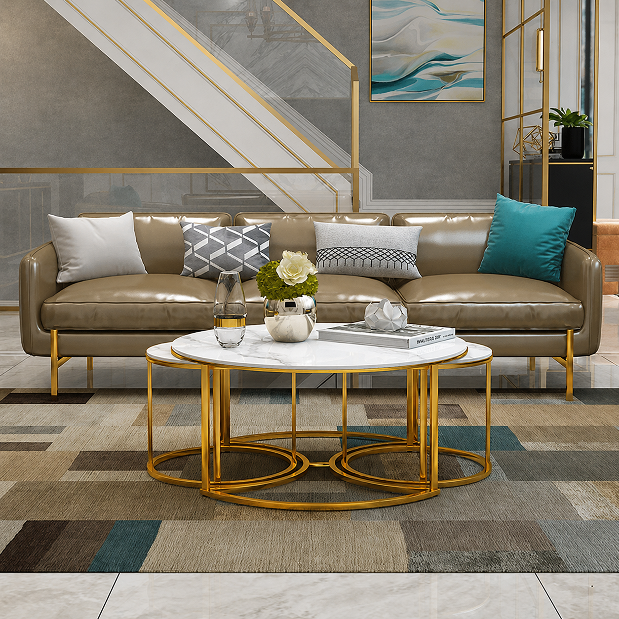 Luxury Round Stainless Steel PVD Center Table Set of 2 with Dual Marble Tops and Golden Cage-Style Bases for Living Room