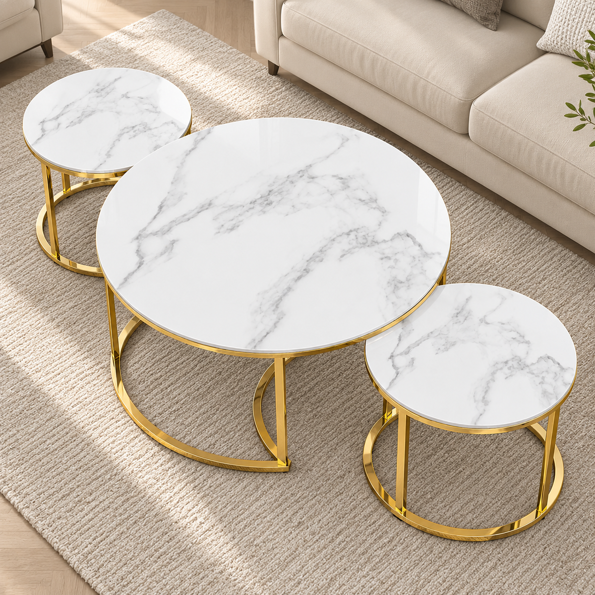 Luxury Round Stainless Steel PVD Center Table Set of 2 with Dual Marble Tops and Golden Cage-Style Bases for Living Room