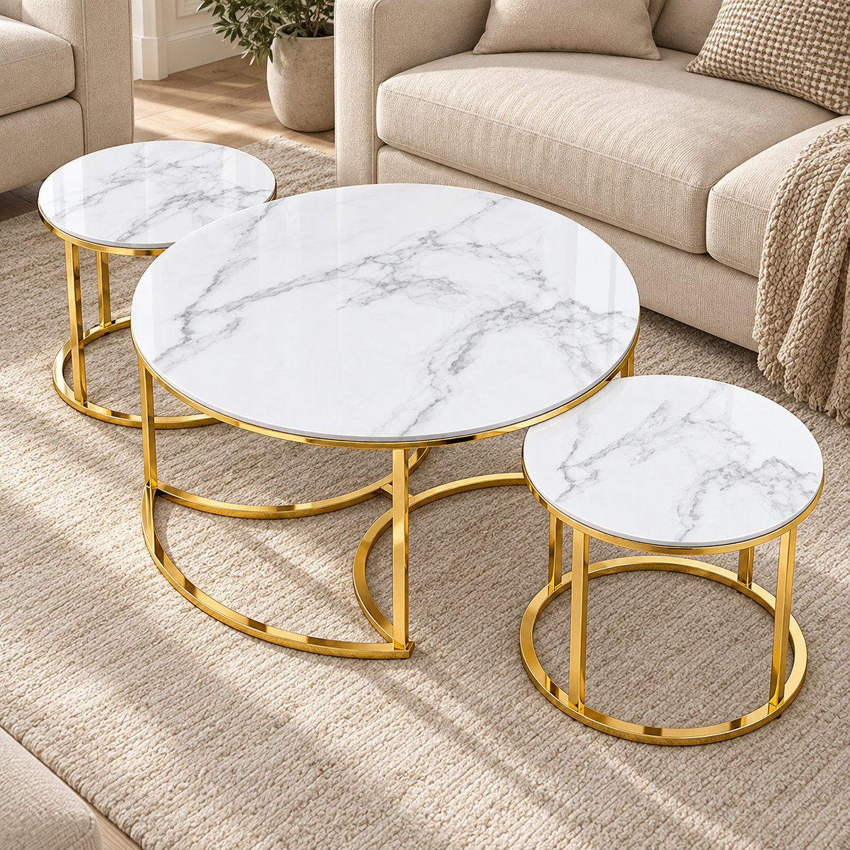 Luxury Round Stainless Steel PVD Center Table Set of 2 with Dual Marble Tops and Golden Cage-Style Bases for Living Room