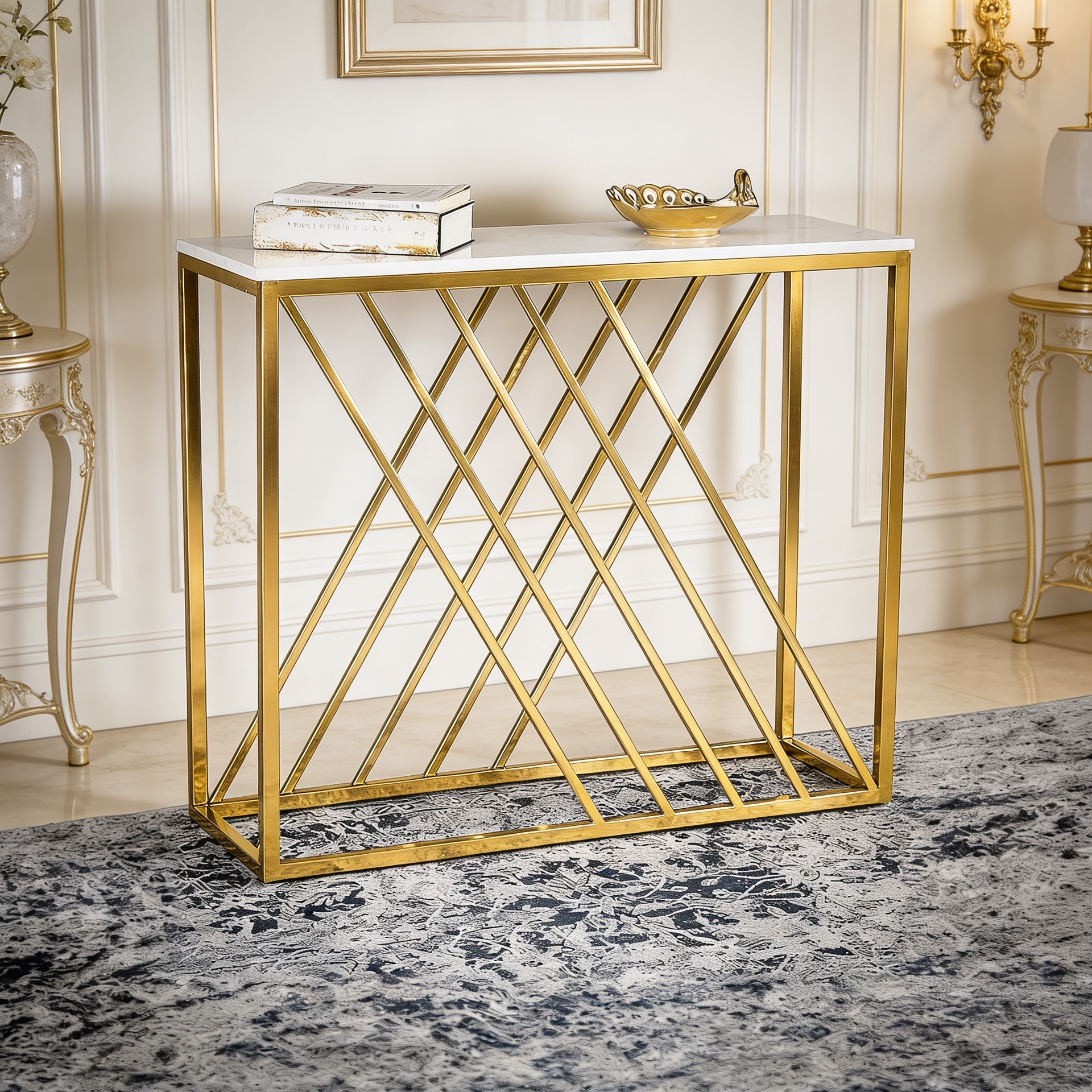 Unique Pattern Console Table  with Copper Metal Finish