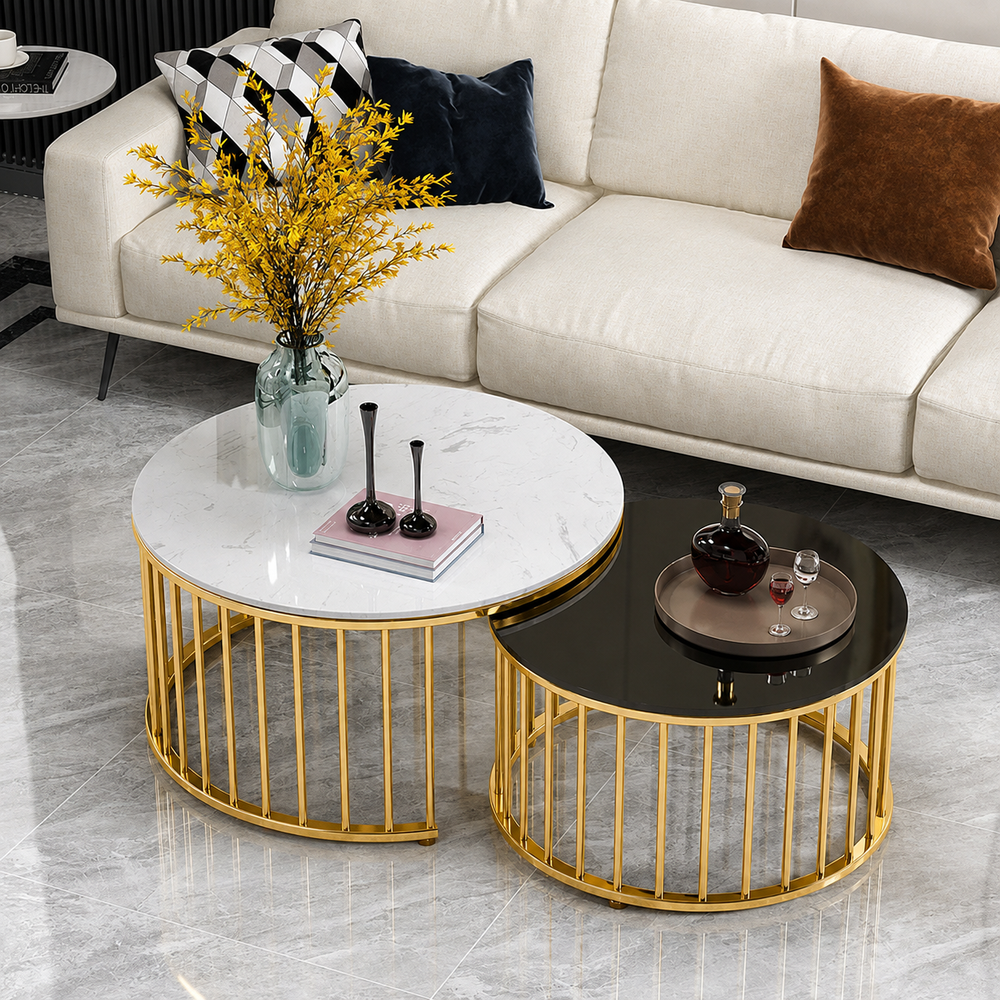 Premium Stainless Steel PVD Coffee Table Set of 2 with Round Marble Tops and Golden Designer Bases