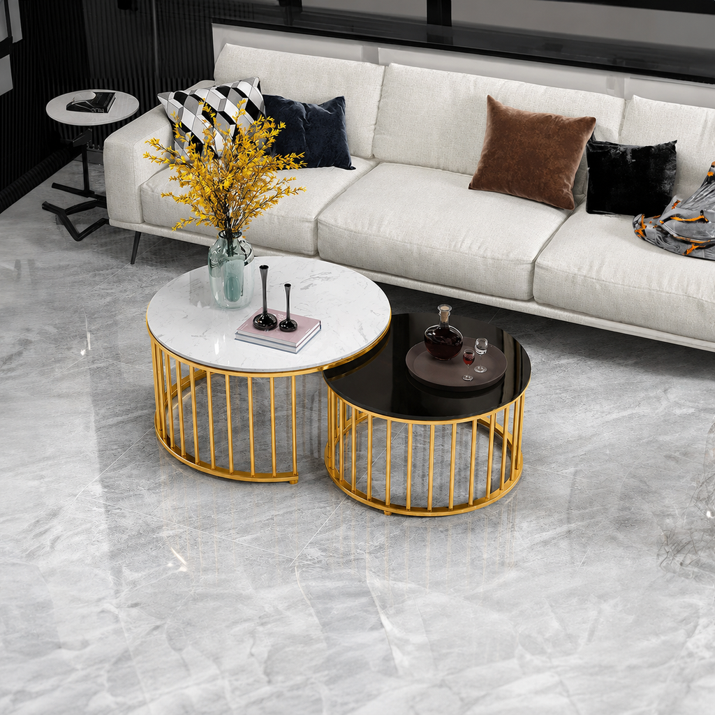 Premium Stainless Steel PVD Coffee Table Set of 2 with Round Marble Tops and Golden Designer Bases