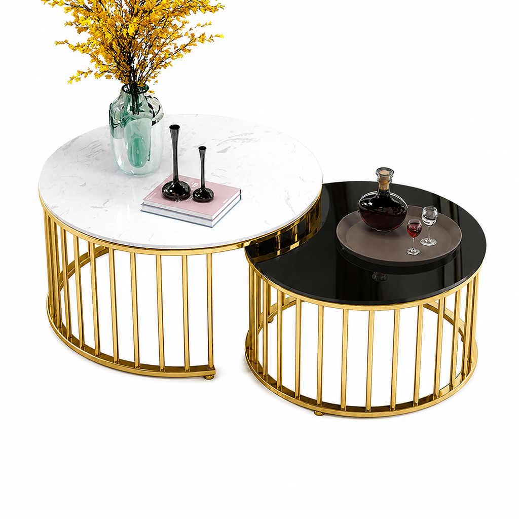 Premium Stainless Steel PVD Coffee Table Set of 2 with Round Marble Tops and Golden Designer Bases