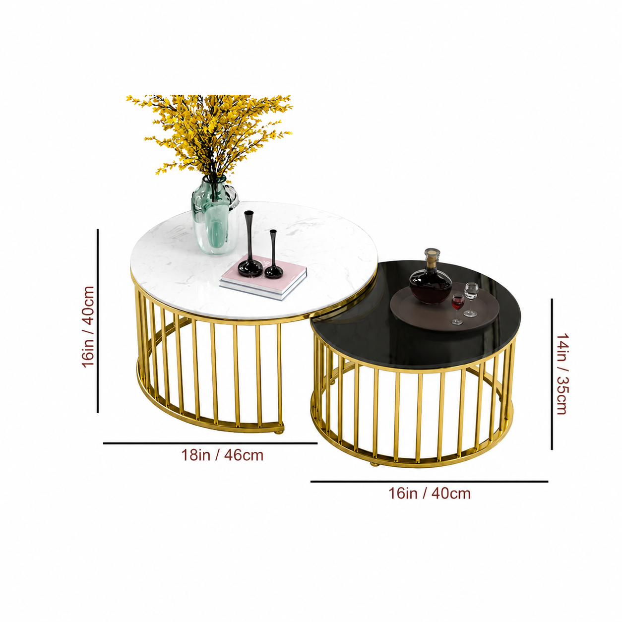 Premium Stainless Steel PVD Coffee Table Set of 2 with Round Marble Tops and Golden Designer Bases