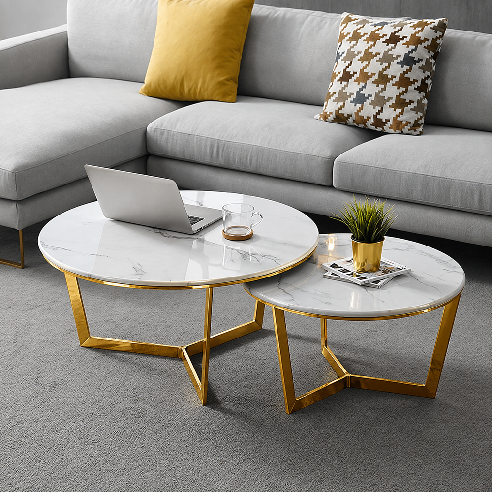 Luxury Gold Stainless Steel PVD Nesting Center Table Set of 2 with Round White Marble Tops for Living Room