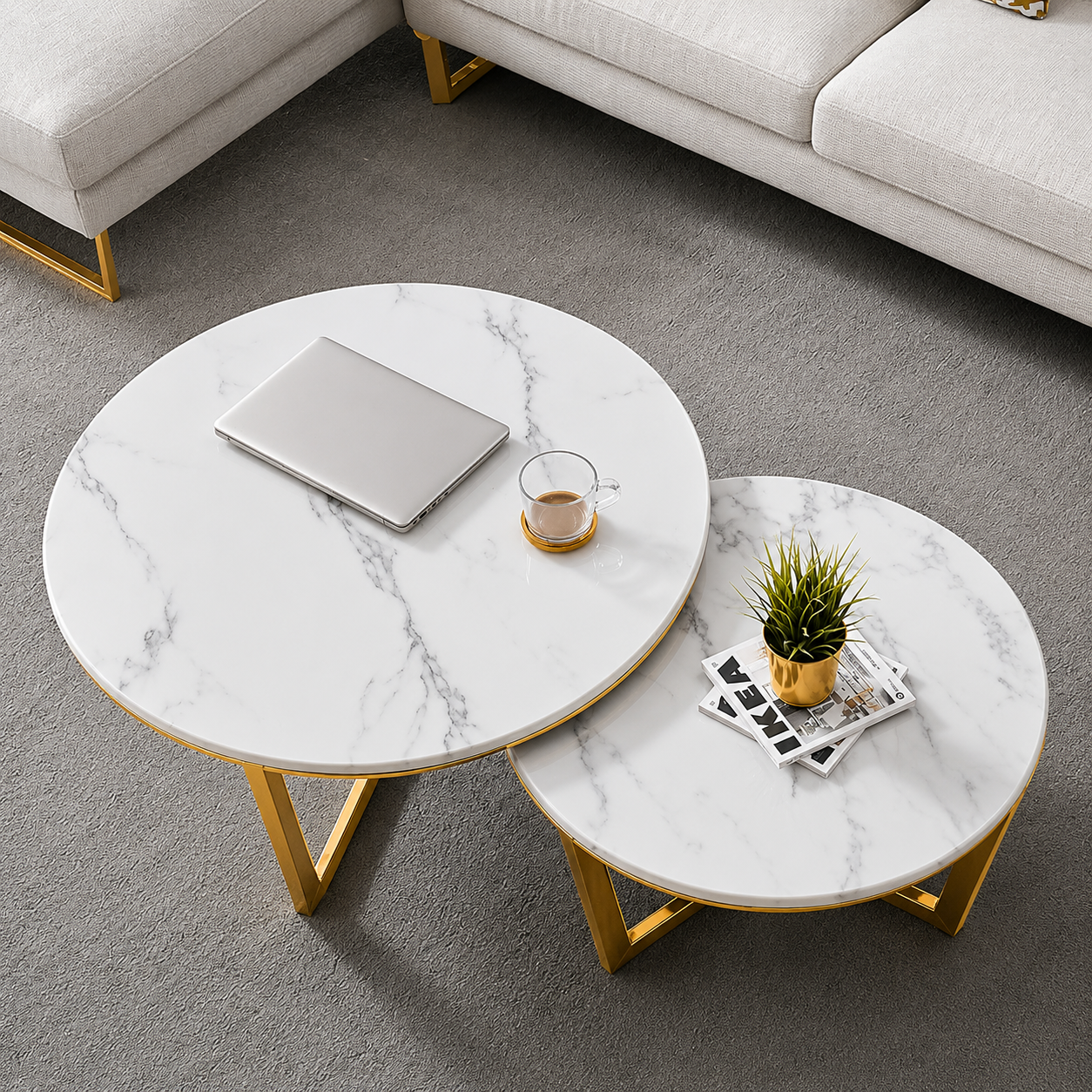 Luxury Gold Stainless Steel PVD Nesting Center Table Set of 2 with Round White Marble Tops for Living Room