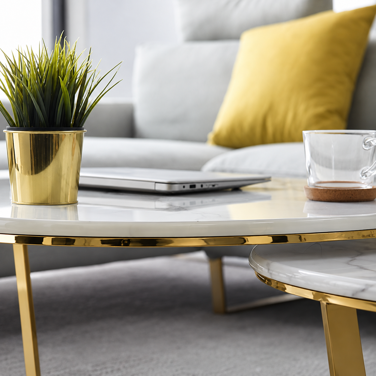 Luxury Gold Stainless Steel PVD Nesting Center Table Set of 2 with Round White Marble Tops for Living Room