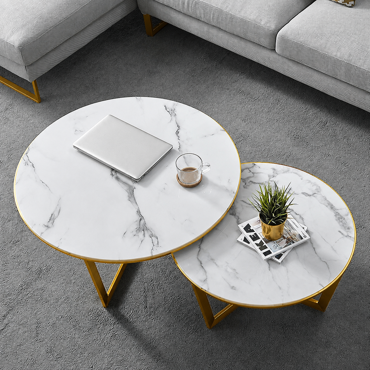 Luxury Gold Stainless Steel PVD Nesting Center Table Set of 2 with Round White Marble Tops for Living Room