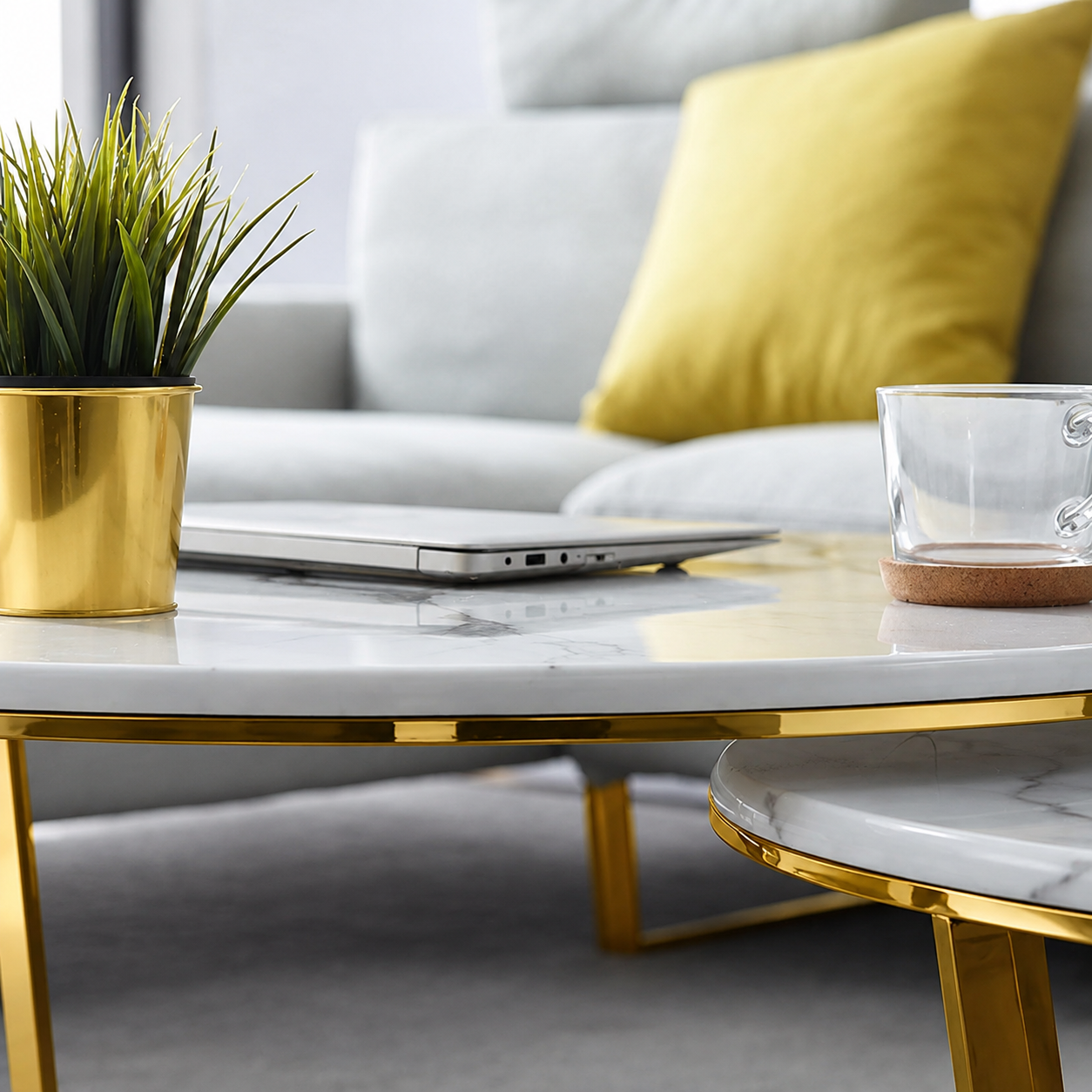 Luxury Gold Stainless Steel PVD Nesting Center Table Set of 2 with Round White Marble Tops for Living Room