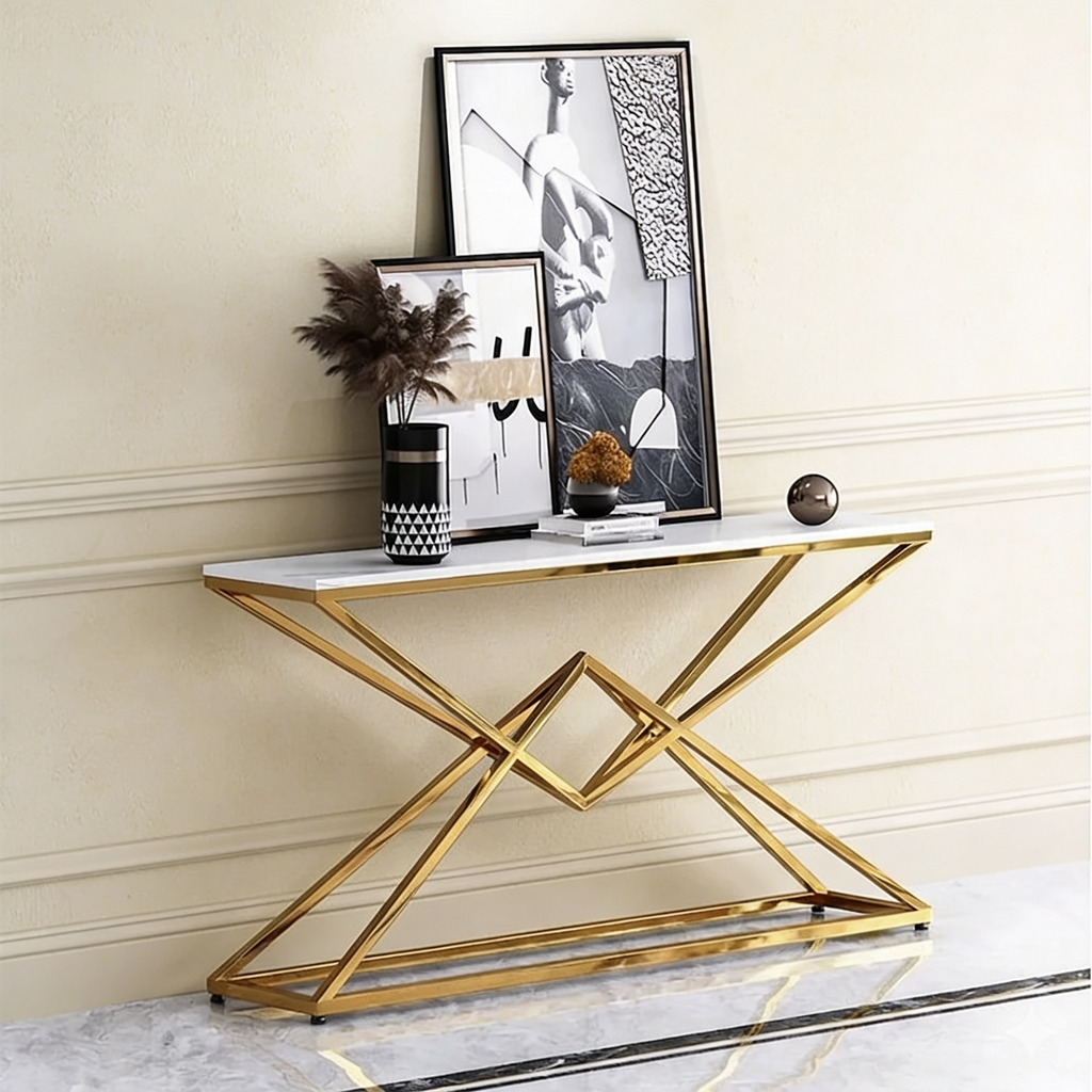 Pyramid Design Console Marble Table Golden Metal Finish