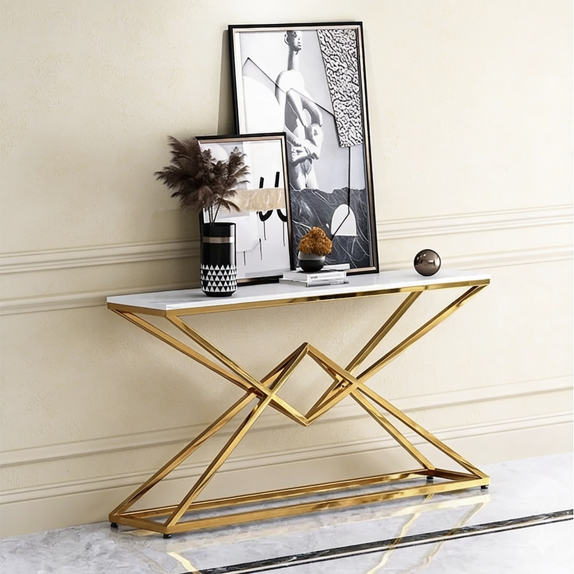 Pyramid Design Console Marble Table Golden Metal Finish