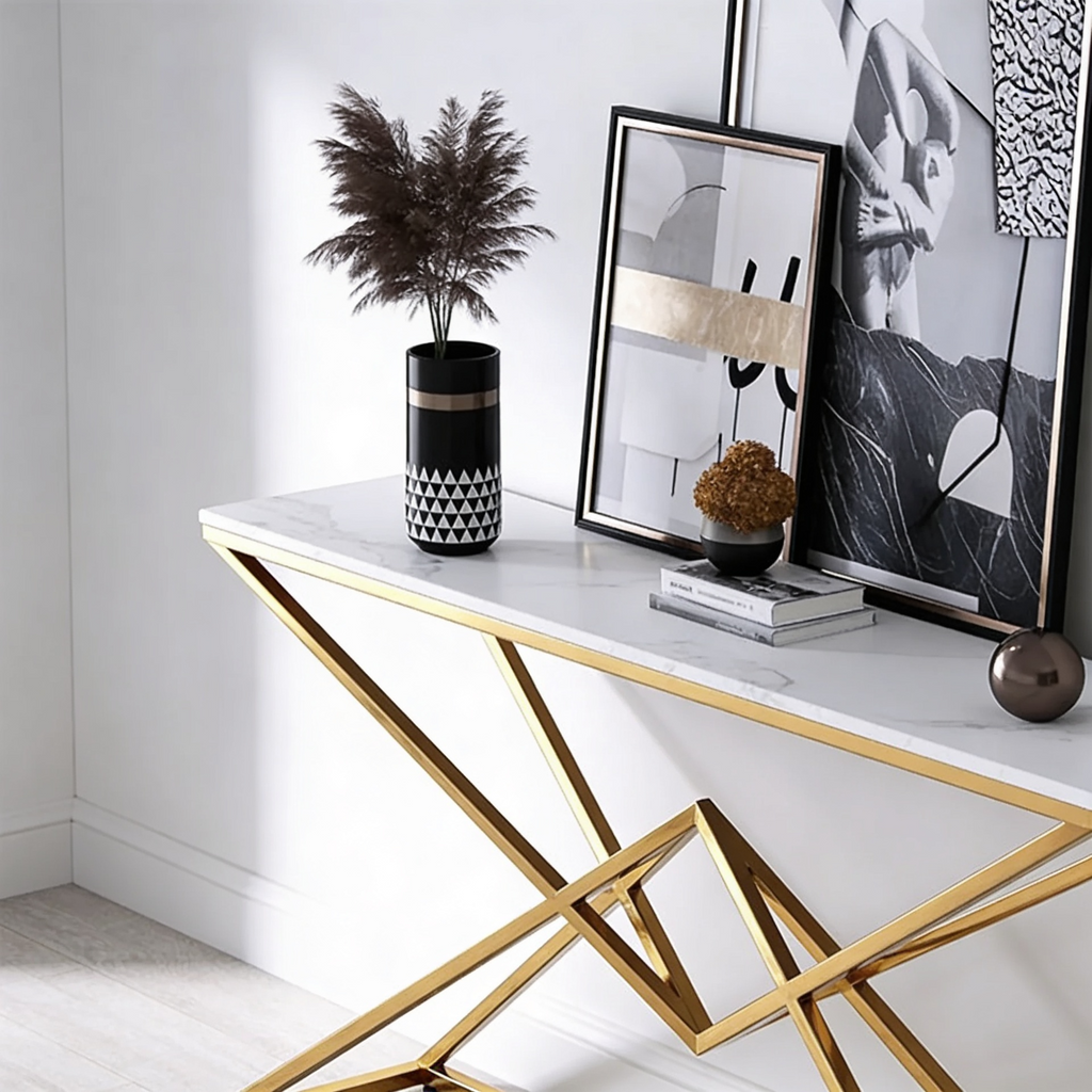 Pyramid Design Console Marble Table Golden Metal Finish
